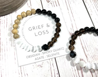 Grief and Loss Crystal Bracelet - Selenite, Smoky Quartz, Obsidian Crystal Bracelet - Bereavement Gift - Mourning Gift - Diffuser Bracelet