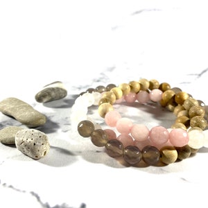 Armband med rosenkvarts och agatkristall: Diffusor av eterisk olja, pärlor i rosenträ