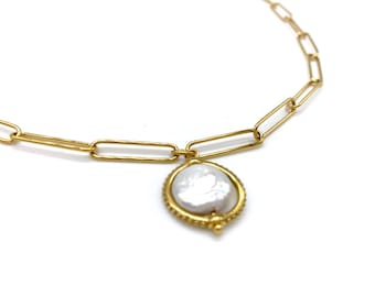 Gold Paper Clip Chain Necklace: Freshwater Pearl Spinner Pendant -  Anti Tarnish and Waterproof