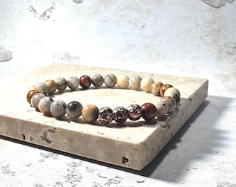 Natural Agate Gemstone Bracelet with Rose Gold Textured Beads | Handmade in the UK