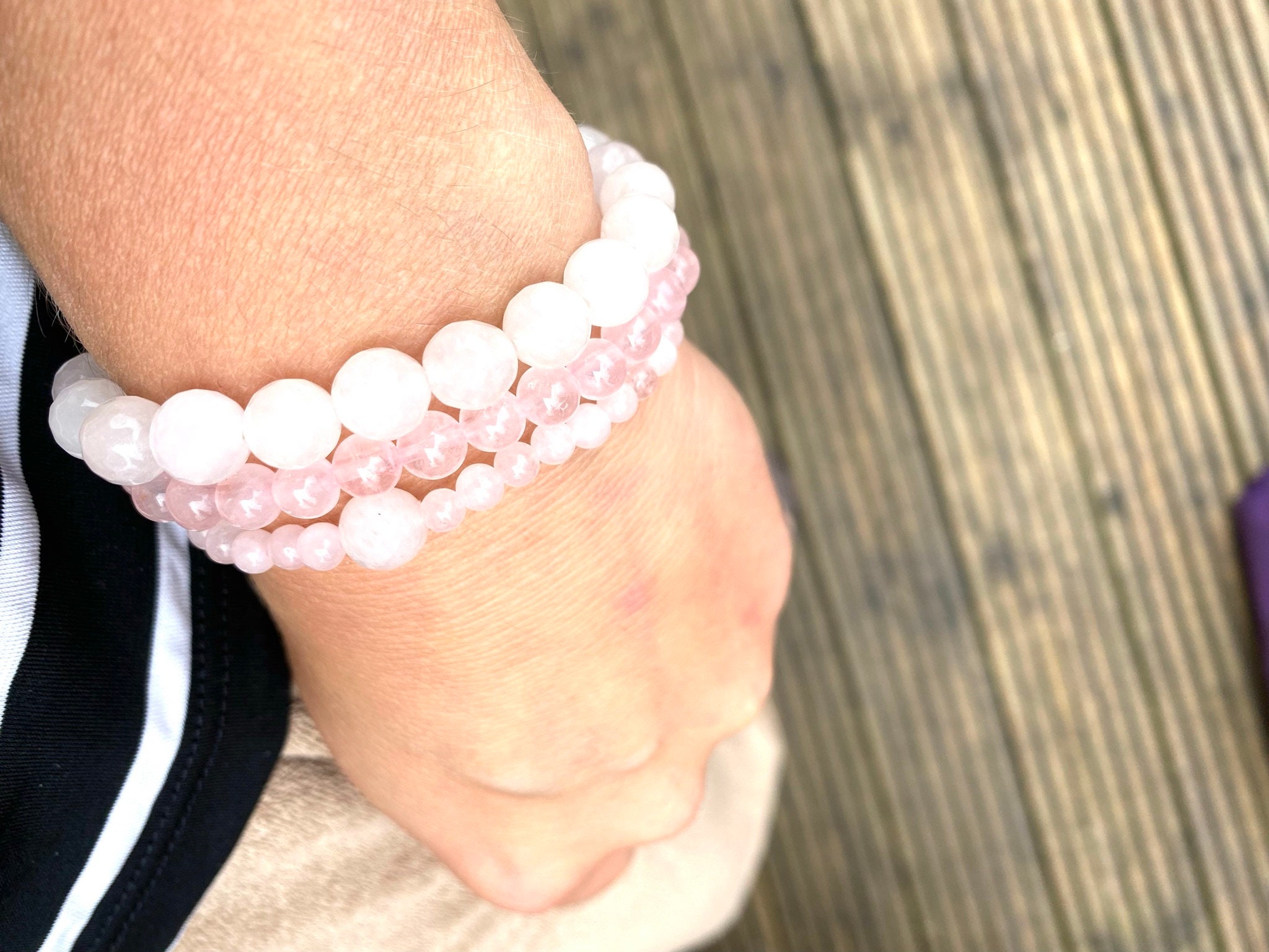 Set Di 2 Bracciali In Pietre Naturali – Quarzo Rosa E Acquamarina – Cristalli Confezione Regalo
