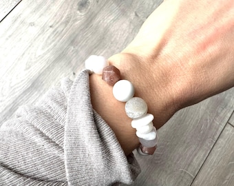Moonstone Bracelet with Sunstone & Druzy Agate: Aromatherapy Lava Bead