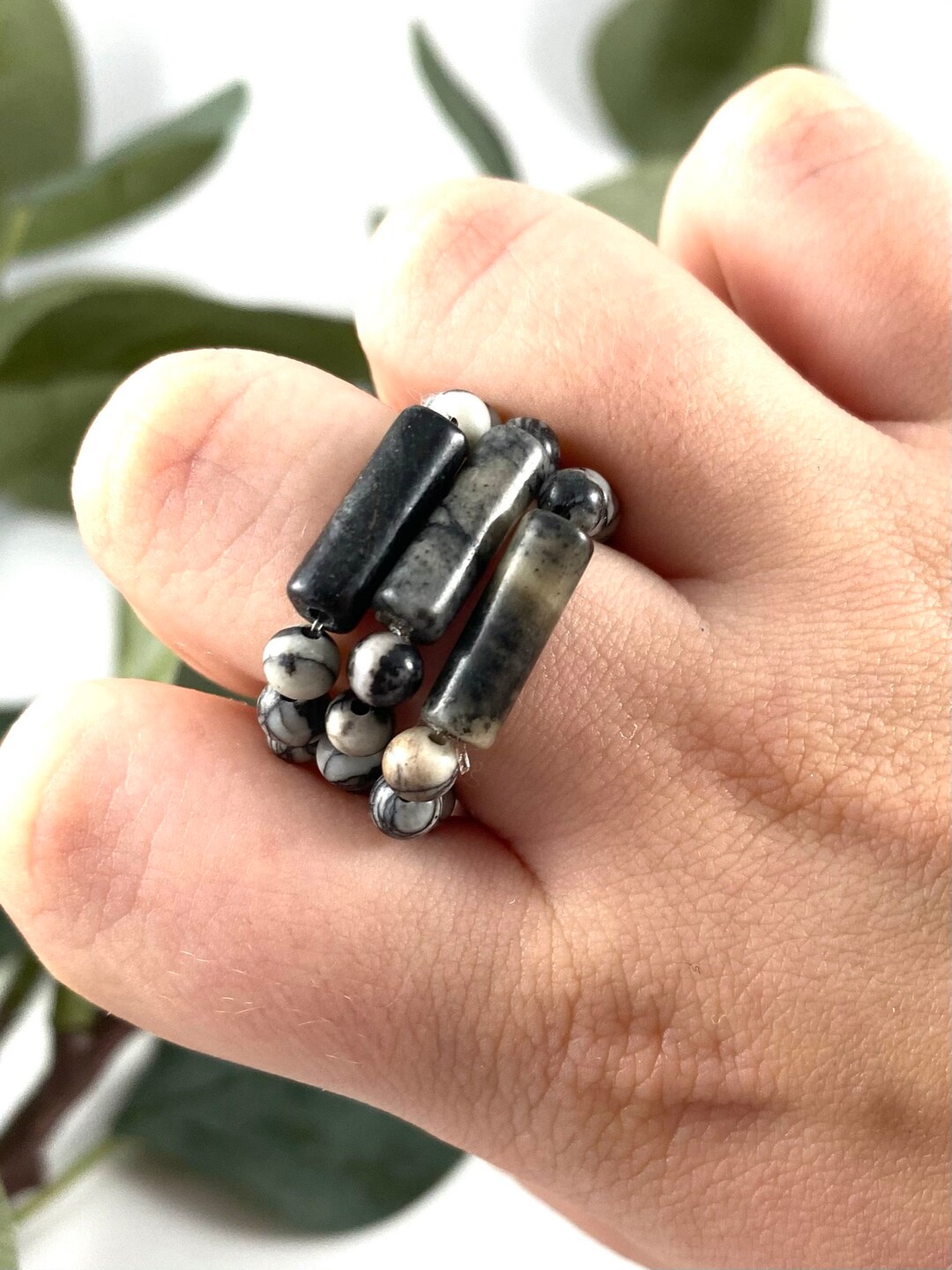 Anillo De Piedra Natural Ojo De Gato Verde - Unisex, Ancho, Estilo Punk Y De Nudillo