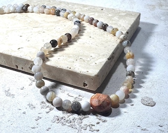 Dainty Agate Beaded Necklace with Central Disc | Handmade UK