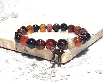 Dark Orange Agate Bracelet with Rose Gold Cat Charm & Lava Stone (Handmade UK)