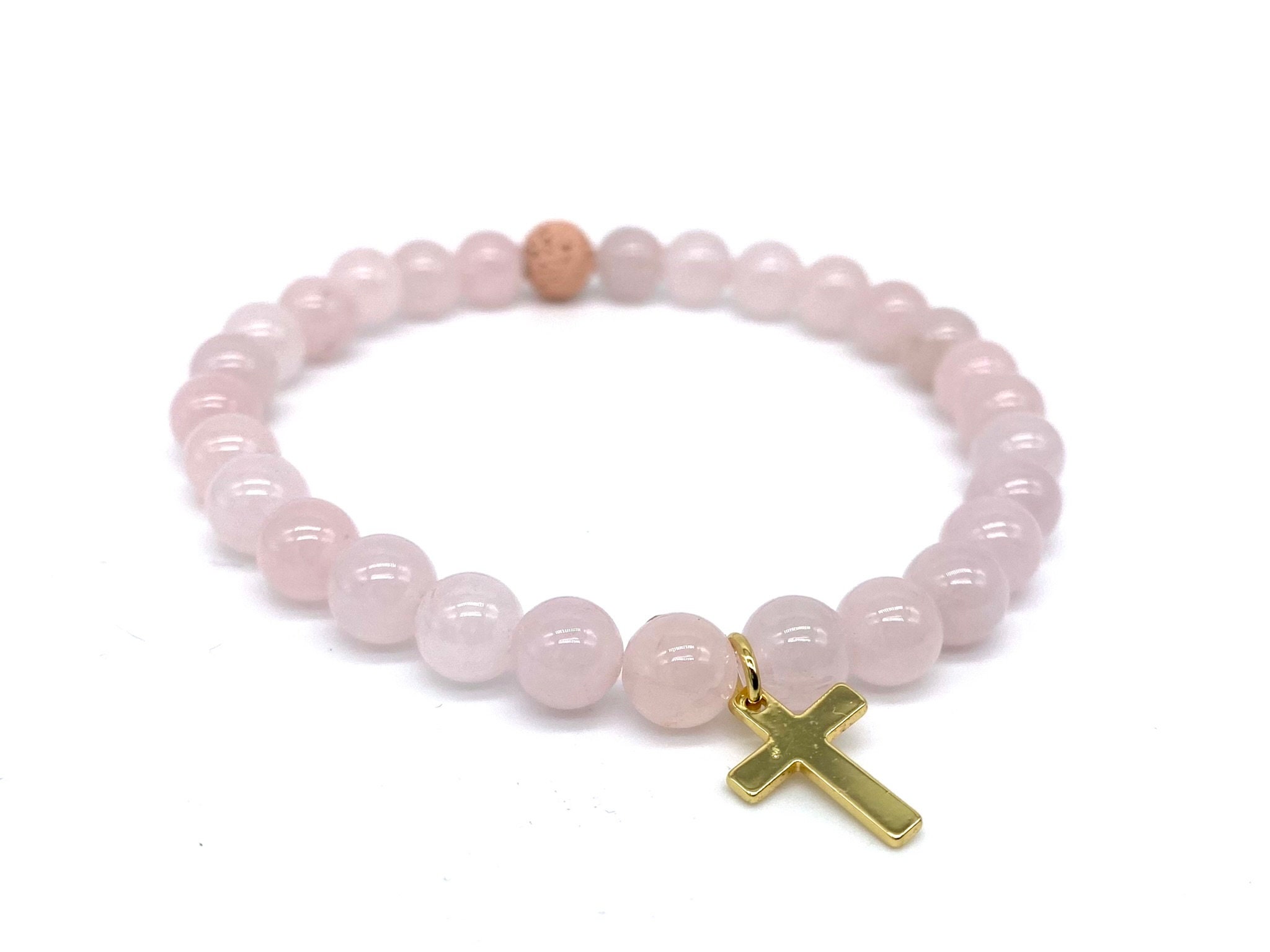 Braccialetto Angelo Custode In Pietre Naturali Rosa Rodonite E Cristalli - 17 Cm Con Ciondolo Acciaio - Regalo Per Battesimo E Comunione