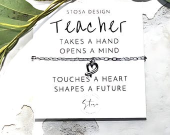 Teacher Bracelet | Delicate Heart Charm, Stainless Steel Paperclip Chain
