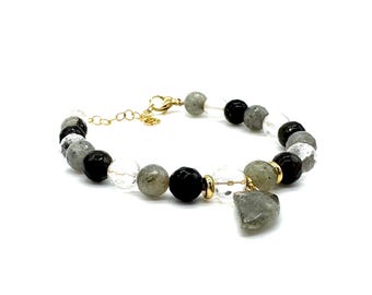 Labradorite, Tourmaline and Clear Quartz Beaded Bracelet with Natural Crystals, Handmade in the UK