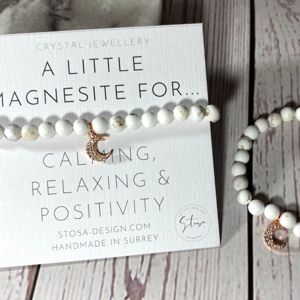 Magnesite Bracelet with Natural Gemstones and a Rose Gold Moon Charm - Elasticated Stretchy Beaded Charm Bracelet