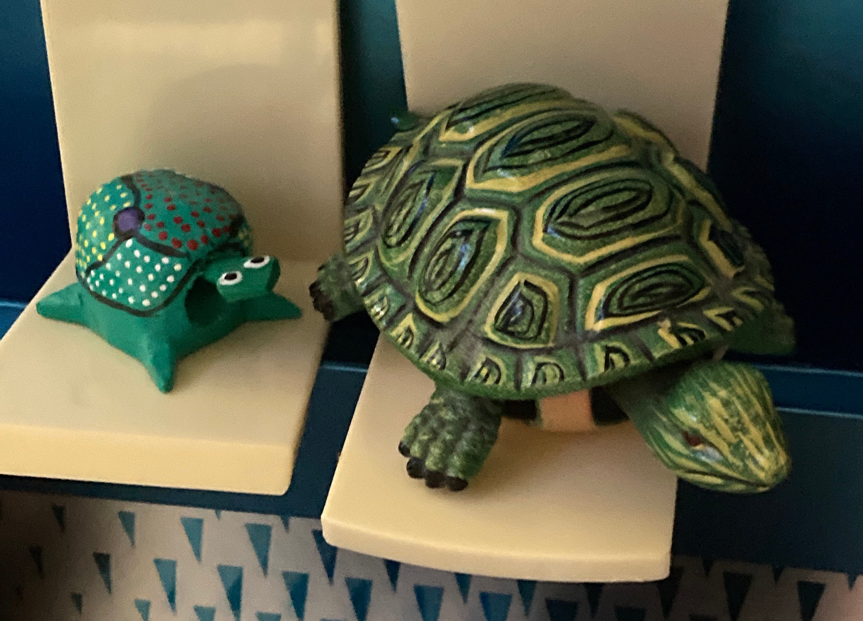 Pair vintage handmade hand carved  small figurines  of green tortillas, one marked