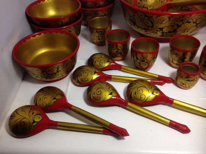 6 bowls,6spoons,6 cups,ladle,19pss yellow gold Vintage 1990s Russian black red  hand painted  lacquered nearly full set