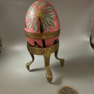 Vintage Easter Egg Trinket Box with stand ,with pink and floral decorations , enamelled on brass , closoinne egg