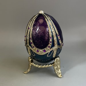 Purple Enamels  ceramic yellow gold color metal Easter Egg Trinket Box with yellow colour metal stand,both decorated with rain stones