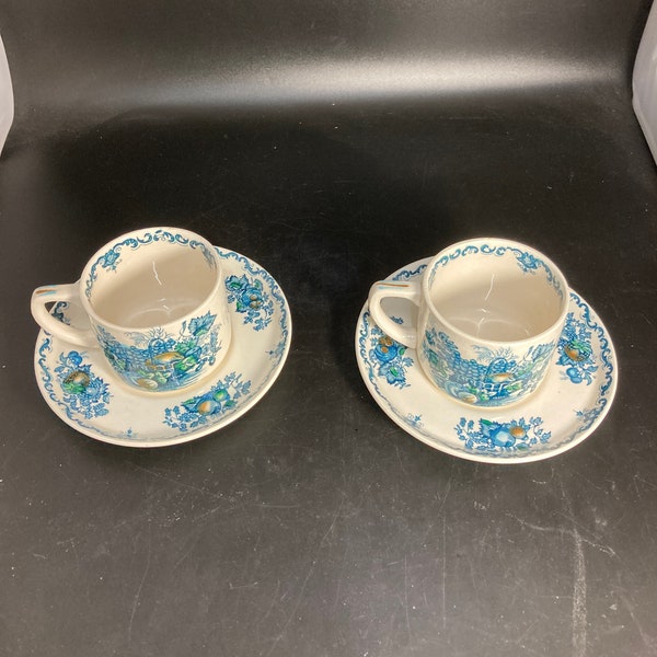 Vintage Mason's ironstone pair coffee /teacups and saucers “fruit basket” ,white and blue with fruits hand painted proof decoration,England