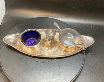 高品質大型ヴィンテージシルバーメッキ調味料入れ3点セット - ブルー