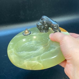 Green Onyx ashtray ,decorated with bronze hand cold painted buffalo /ox