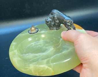 Green Onyx ashtray ,decorated with bronze hand cold painted buffalo /ox