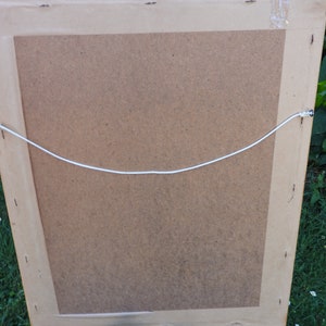 May include: The back of a framed picture with a brown cardboard backing and a white string attached to the top for hanging.