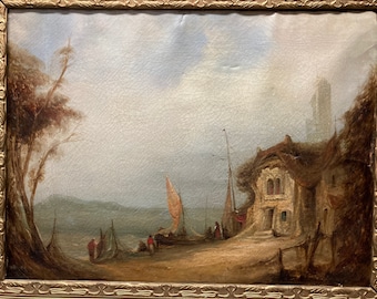 19th century ,original oil on canvas,continental school, fishermen on the shore, with house,boat ,people, gilt antique framed