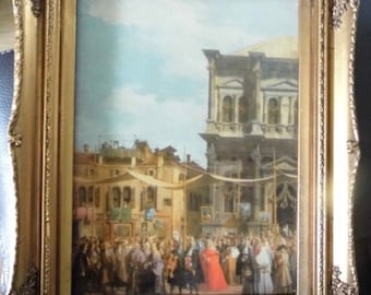 Vintage porcelain Venetian scene hand painted plaque,framed