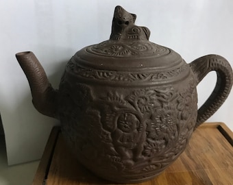 Vintage chinese small  leaded yixing zisha red clay , terracot ,signed tea pot , marked on base