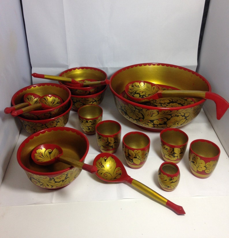 6 bowls,6spoons,6 cups,ladle,19pss yellow gold Vintage 1990s Russian black red hand painted lacquered nearly full set