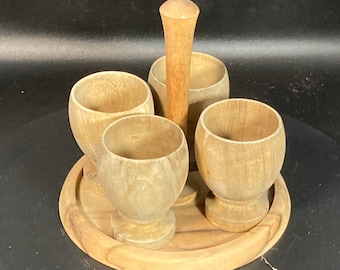 Set of wooden hand carved Vintage four shot  glasses and transfer tray