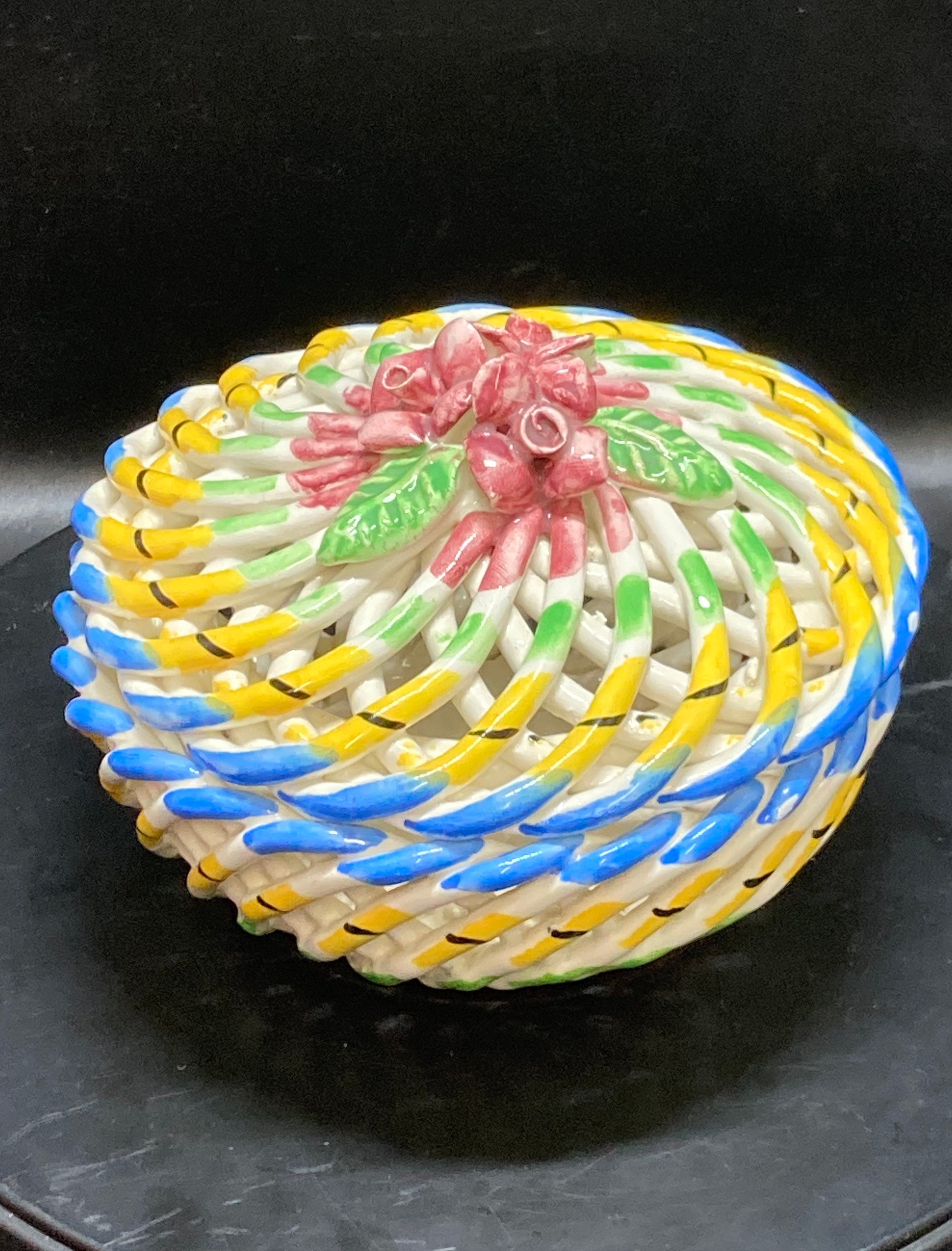 Lidded fruit bowl,mid 20th century, pottery hand made, marked on the bottom Spain