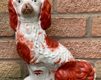 vintage Victorian antique Staffordshire model of brown and white dog spaniel