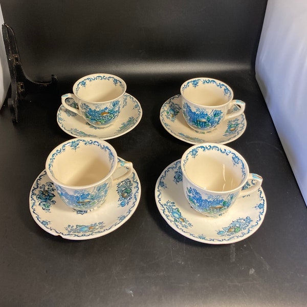 Vintage Mason's ironstone four coffee /teacups and saucers “fruit basket” ,white and blue with fruits hand painted proof decoration,England