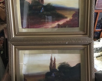 pair of victorian  oil paintings on board , framed,glazed, Joel Owen style/ manners (2)