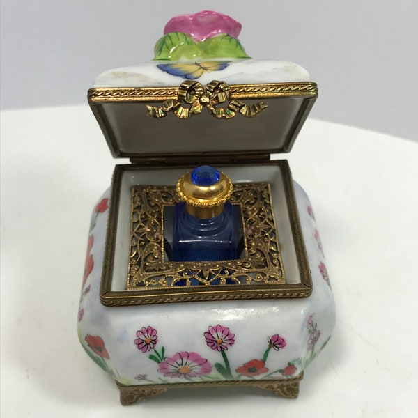 Vintage French Limoges perfume , Trinket Box, hand painted ,blue glass bottle,flowers ,signed Limoges, France,paint main,Marque,Deposee