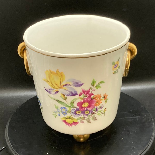 Vintage porcelain white Ice bucket on bun feet with flowers decorations, marked kunstporzellan ilmenau gdr