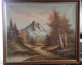 Vintage of 20th century oil on canvas box, mountains landscape , signed D.Russel (?), wooden framed.