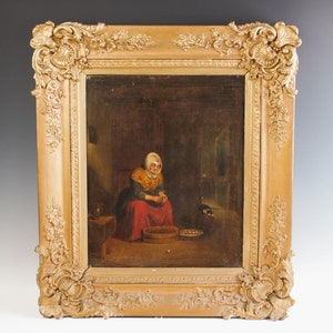 Antique painting by Manner of Gerhard Janssen- 19th C,gilt framed Oil on board,woman peeling potatoes in a kitchen with cat beside, Unsigned