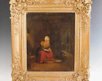 Antique painting by Manner of Gerhard Janssen- 19th C,gilt framed Oil on board,woman peeling potatoes in a kitchen with cat beside, Unsigned