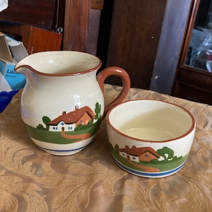 Vintage set of milk jug and bowl , marked pottery Devon made in England