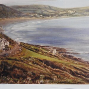 paar tweezijdige A6 post-/cadeaukaarten van olieverf op canvas schilderij van het strand van Devon Wolacombe door T.Wilson met enveloppen (2)