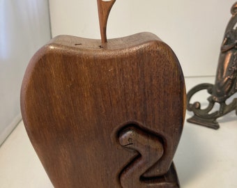 vintage,large  wooden hand carved  apple shaped jewellery box ,Apple Shaped Wood Puzzle Box,Vintage Secret Box, ST. Armand&#39;s, Costa Rica,USA