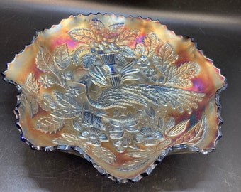 Vintage of Carnival Glass peacock blue  glass fruit bowl with bird peacock, wavy outline