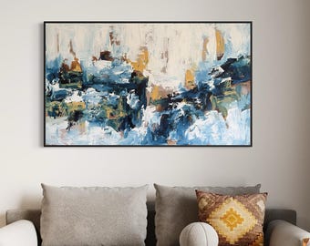 Blue Abstract Seascape Painting, Original Acrylic Canvas Wall Art