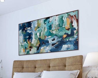 Blue Teal Abstract Landscape Original Painting On Canvas, One Of A Kind Handmade Artwork Navy Soft Palette Panoramic Wall Art