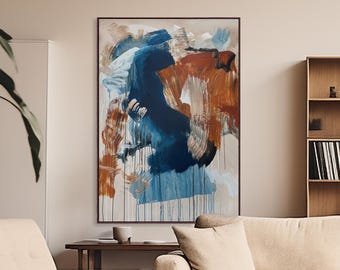 Large Contemporary Abstract Painting On Canvas, Blue Burnt Orange Modern Oil Painting. Handmade Vertical Art