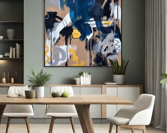 Large Abstract Painting, Blue Beige Contemporary Canvas Wall Art (48x48 Inches)