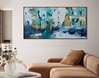 Blue Abstract Landscape Original Painting On Canvas, Handmade Artwork Navy Soft Palette Panoramic Wall Art