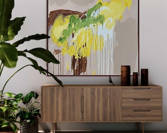 Contemporary Modern Abstract Expressionist Painting. Original Art On Canvas. Yellow Beige Green Brown Artwork
