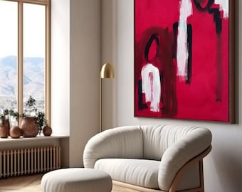 Modern Red Contemporary Figurative Painting On Canvas. Original Artwork. 120x90cm Line Art