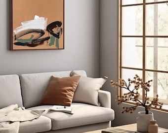 Modern Peach Contemporary Figurative Painting On Canvas. Minimal Original Artwork. 100x70cm Line Art