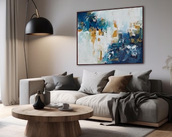Textured Abstract Landscape Original Painting On Canvas, Blue Yellow Ochre White Horizontal Artwork