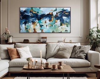 Blue Abstract Landscape Original Painting On Canvas, One Of A Kind Handmade Artwork Navy Soft Palette Panoramic Wall Art